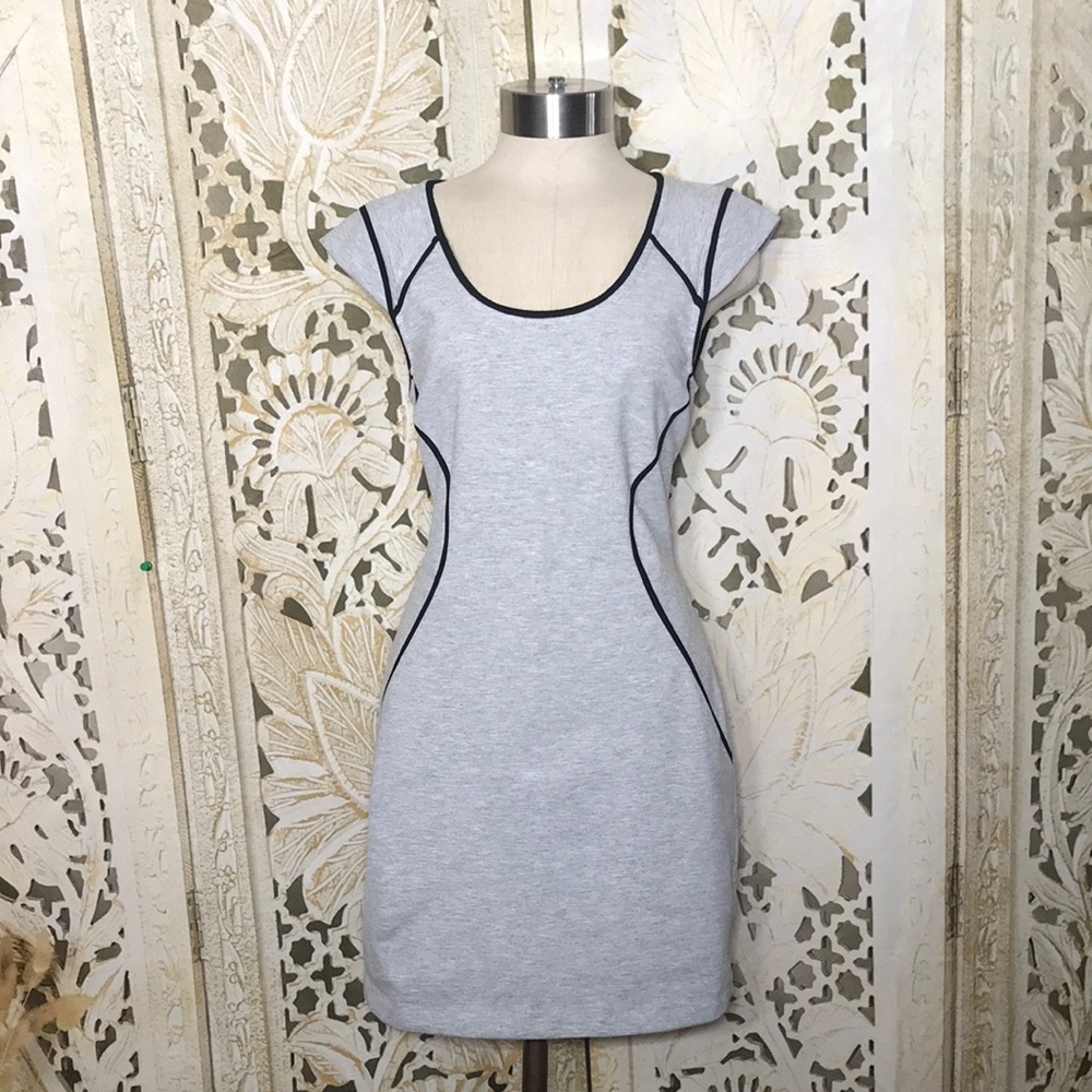 Gray Cap Sleeve Dress with Black Trim